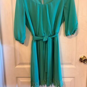 Sequin Hearts Teal Dress with Lace Hem